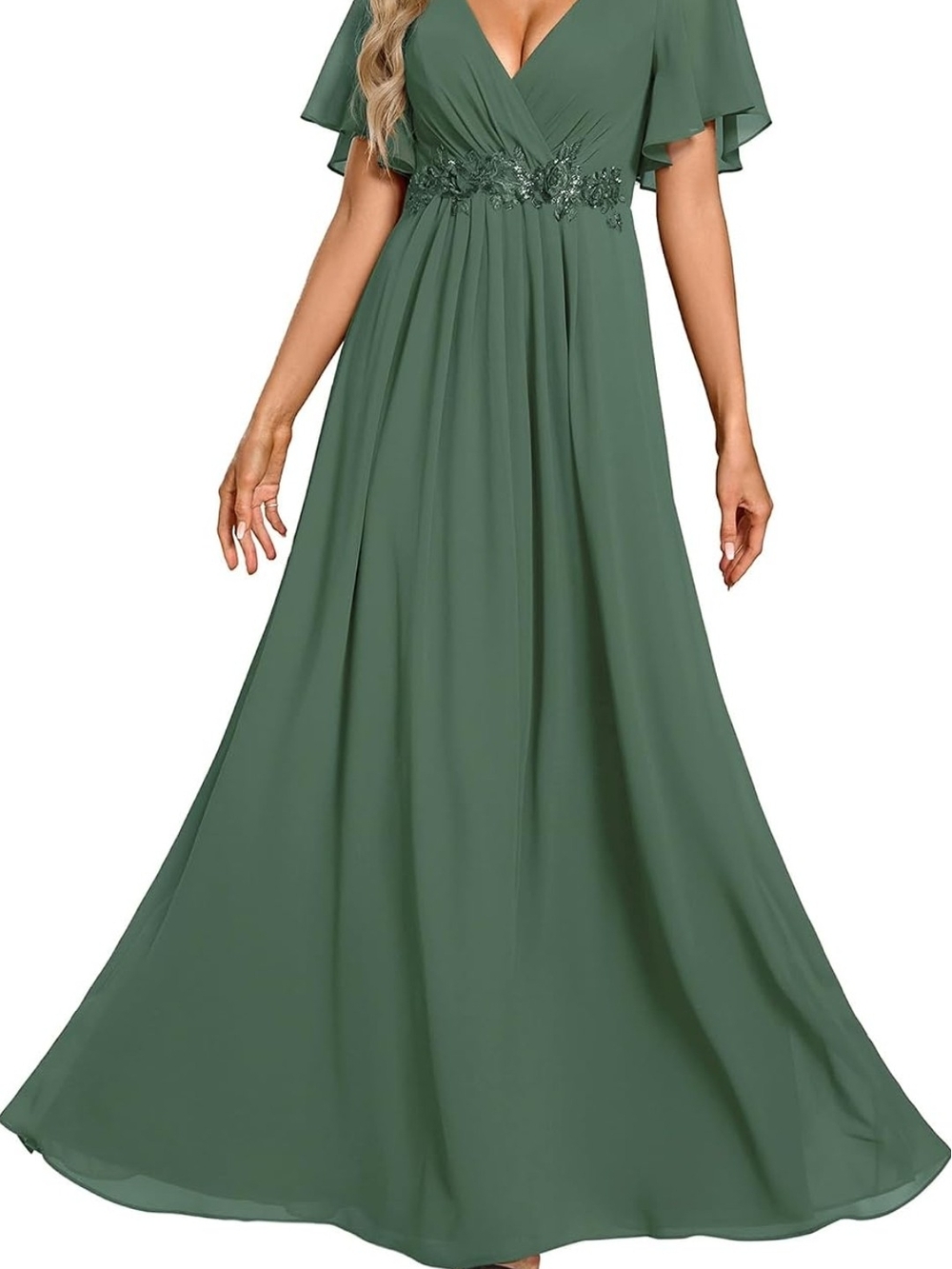 Ever Pretty Eucalyptus Green Flutter Sleeve V-Neck Maxi Dress